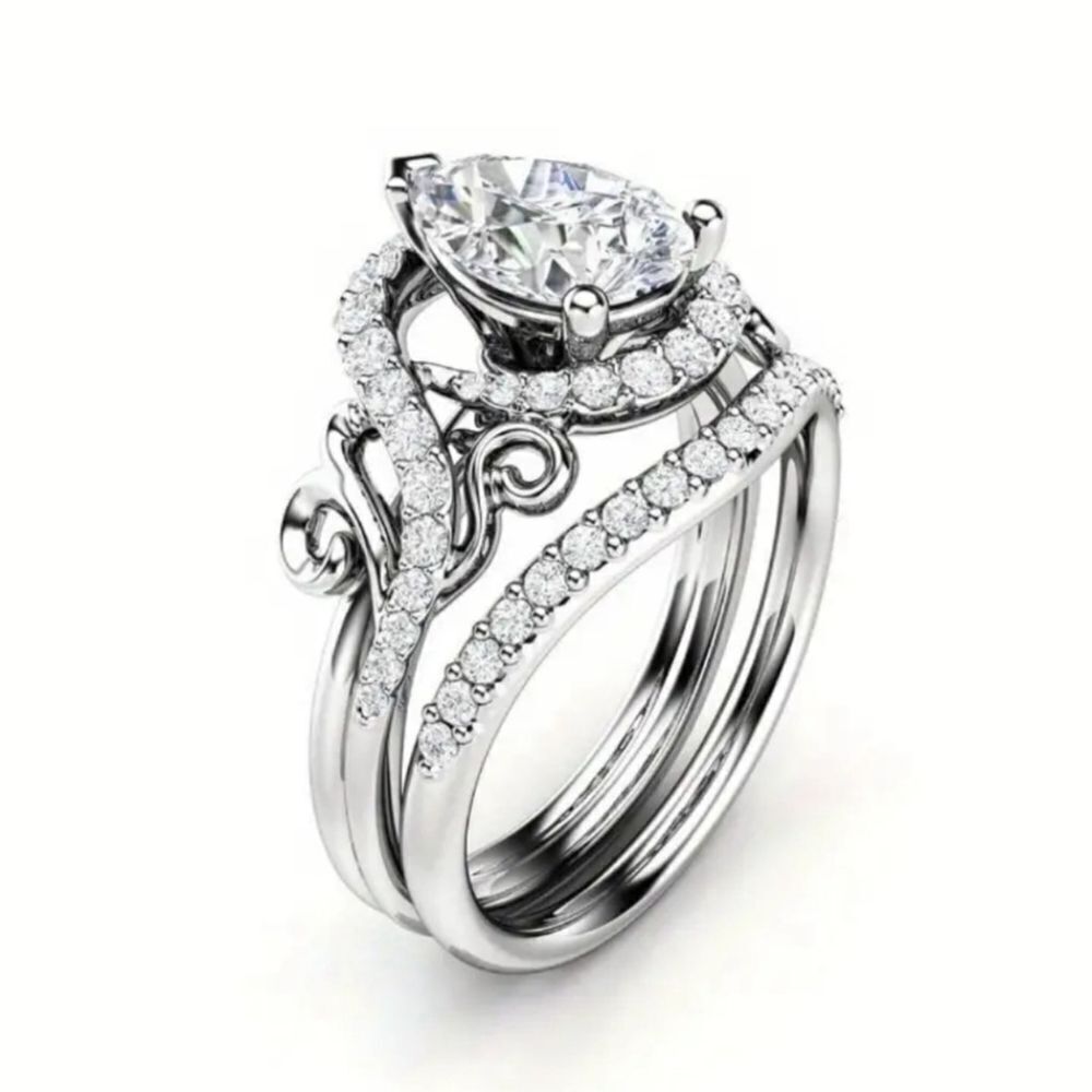 Elegant Halo pear cut white diamond wedding ring set sz 9